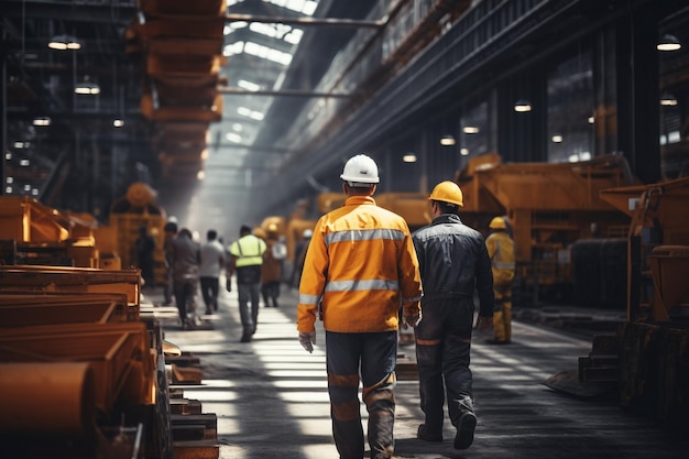 ouvriers d'usine en vêtements de travail et casques jaunes marchant dans la salle de production industrielle