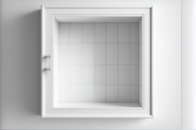 Ouvrir le meuble de salle de bain blanc vide avec un tracé de détourage isolé sur un mur carrelé blanc