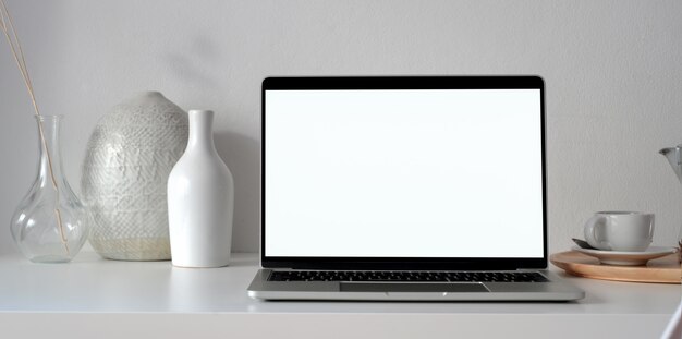 Photo ouvrir un ordinateur portable à écran blanc dans un espace de travail moderne avec des décorations en céramique