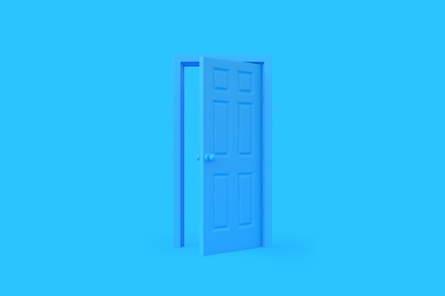 Ouvrir une porte bleue dans une pièce avec un fond bleu Élément de conception architecturale Illustration de rendu 3D