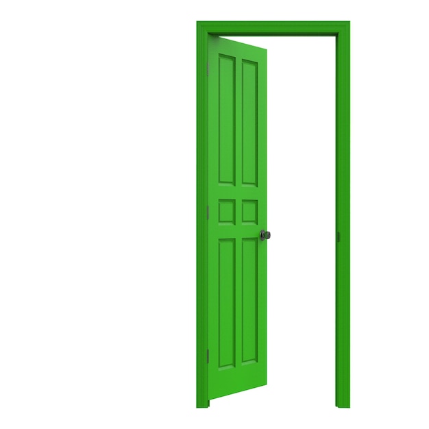 Ouvrir la porte isolée verte fermée le rendu d'illustration 3d