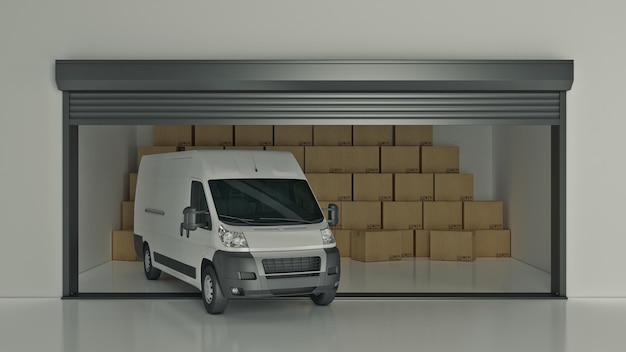 Ouvrir une unité de stockage libre pleine de boîtes en carton avec camion. rendu 3d