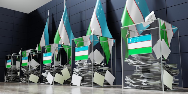 Ouzbékistan plusieurs urnes et drapeaux votant le concept d'élection illustration 3D