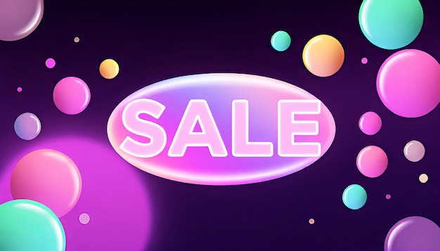 ovale rose brillant avec le texte Vente au centre d'un fond violet foncé avec des bulles colorées