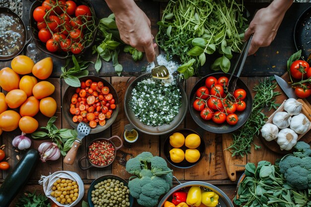 Photo overhead shot of hands seasoning green herbs among an array of colorful fresh veggies on a wooden ta