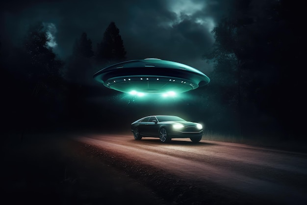 Un OVNI volant avec un extraterrestre et enlevant une voiture la nuit.