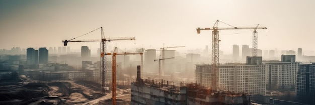 ower grues au chantier de construction en arrière-plan de la ville