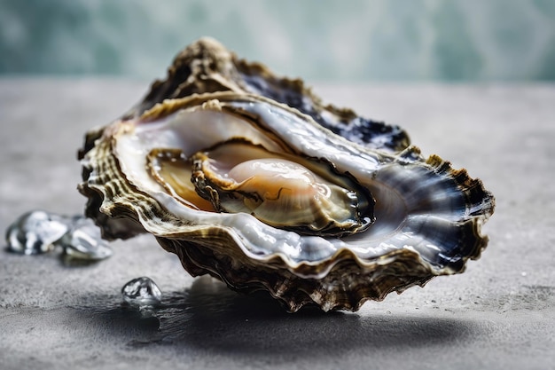 Oystères fraîches avec des perles sur une surface glacée