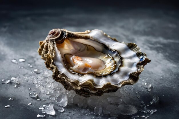 Photo oystères fraîches avec des perles sur une surface glacée