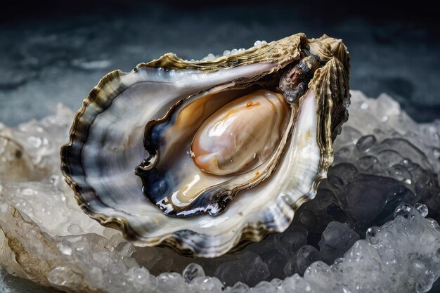 Oystères fraîches avec des perles sur une surface glacée