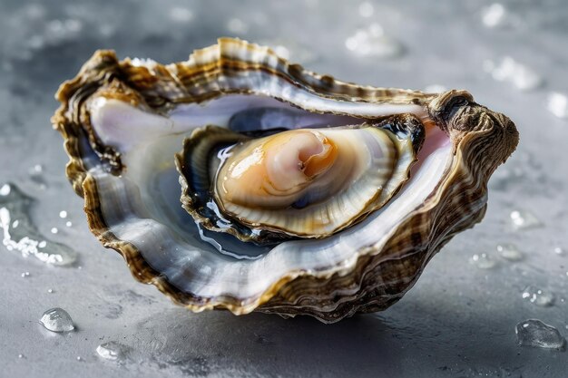 Photo oystères fraîches avec des perles sur une surface glacée