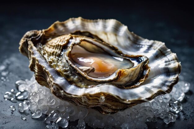 Photo oystères fraîches avec des perles sur une surface glacée