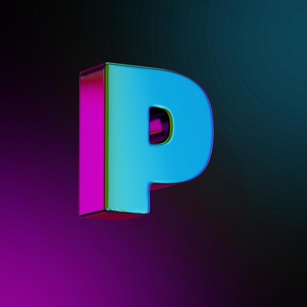 p lettre métal de couleur néon rendu 3d illustration couleur bleu et violet isolé. Illustration 3D