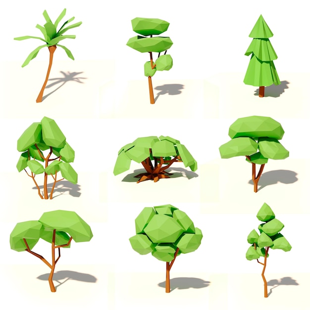 pack d'arbres de dessin animé 3d sur fond blanc