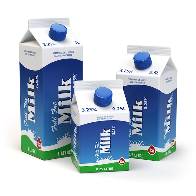 Packs de carton de lait isolés sur blanc Boîtes de lait