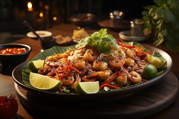 Pad Thai Découvrez le plat emblématique de nouilles sautées thaïlandaises combinant des cacahuètes de tamarin et du citron vert frais pour un équilibre harmonieux de saveursGénéré avec l'IA