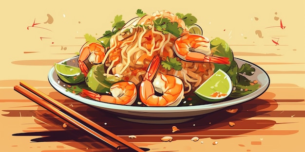 Pad Thai emmêlé avec des crevettes fraîches et des illustrations vectorielles de tofu