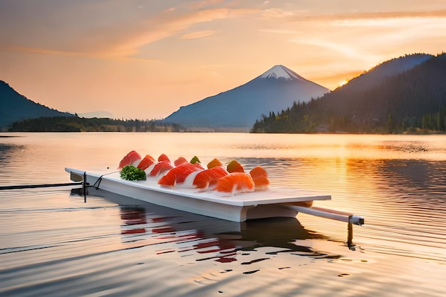 Un paddle board avec de la pastèque est posé sur un lac avec une montagne en arrière-plan.