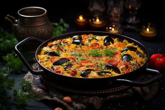 Paella aux fruits de mer sur une casserole traditionnelle