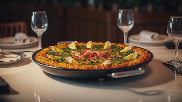 Paella dans une assiette blanche sur une table dans un restaurant