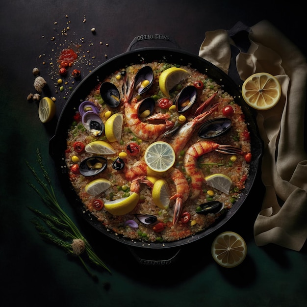 Paella espagnole traditionnelle aux fruits de mer et au poulet IA générative