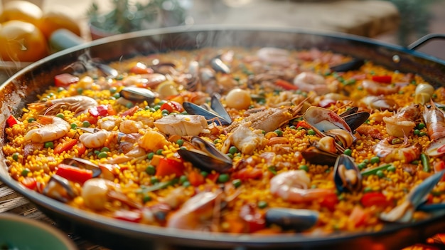 Photo paella espagnole traditionnelle avec des fruits de mer, du poulet et des légumes mélangés.