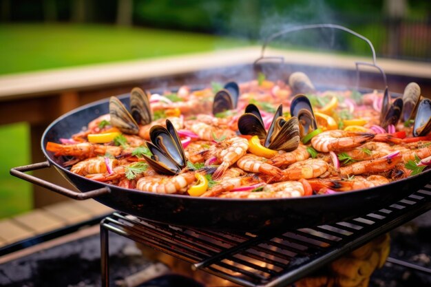 La paella de fruits de mer brûlant sur un barbecue extérieur ensoleillé créé avec de l'AI générative