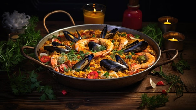 Photo paella de fruits de mer un mélange de riz infusé de safran, de crevettes, de moules succulentes et d'aromatiques