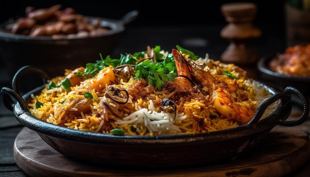 Paella de fruits de mer rustique sur plaque de bois générée par IA