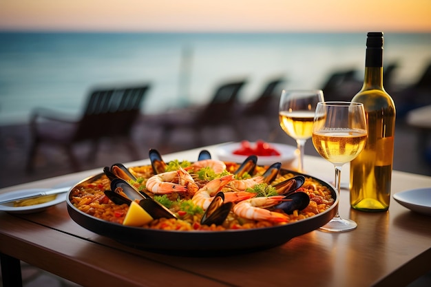 Photo paella de fruits de mer avec un verre de vin sur la table contre une vue sur la mer méditerranée au coucher du soleil