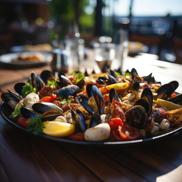 Paella Un plat de riz espagnol savoureux cuit avec des fruits de mer au safran et diverses viandes Chorizo