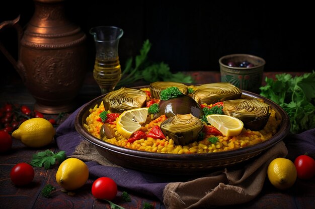 Paella végétalienne avec des artichauts