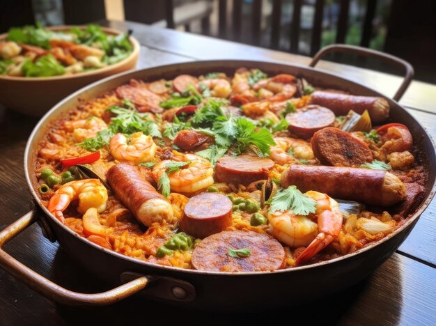 Paella avec viande, légumes et saucisses