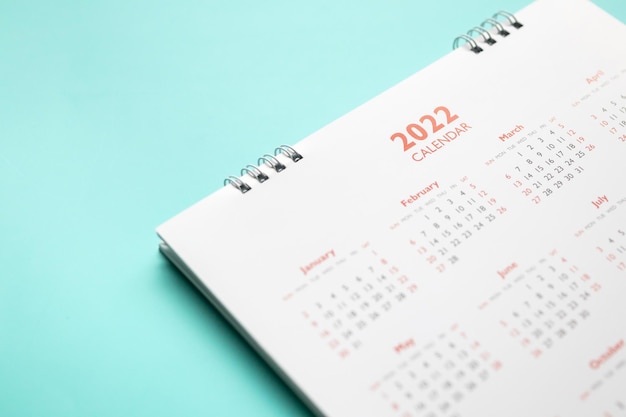 Page de calendrier 2022 sur fond bleu concept de réunion de rendez-vous de planification d'entreprise