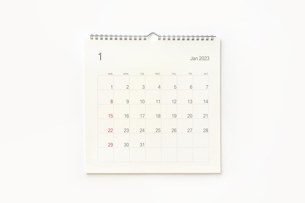 Page de calendrier de janvier 2023 sur fond de calendrier blanc pour la réunion et l'événement de rendez-vous de planification d'entreprise de rappel