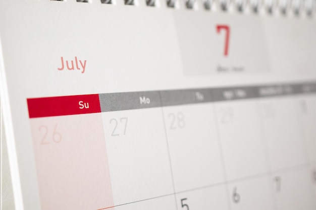 Page de calendrier de juillet avec mois et dates concept de réunion de rendez-vous de planification d'entreprise