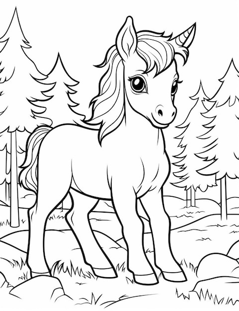 une page de coloration d'un cheval dans les bois génératif ai