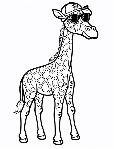 Photo une page de coloration d'une girafe portant des lunettes de soleil et un chapeau génératif ai