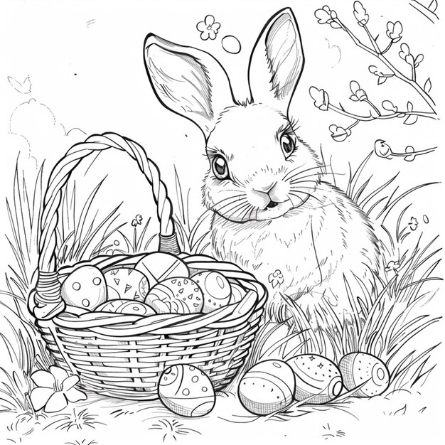 une page de coloration d'un lapin avec un panier d'œufs génératif ai