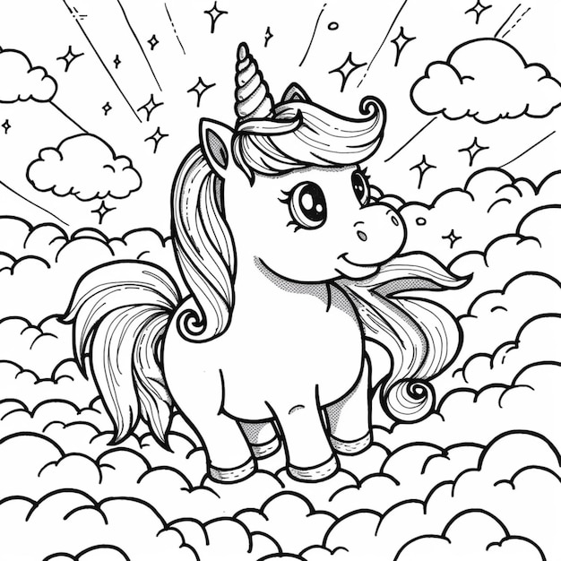 une page de coloration d'une licorne dans les nuages générative ai