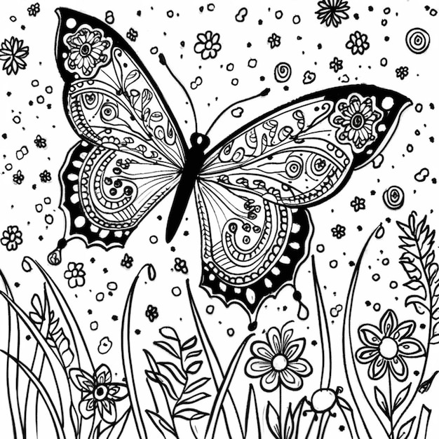 une page de coloration de papillon avec des fleurs et des papillons génératifs ai