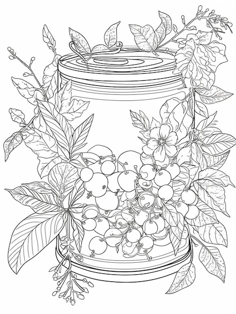 une page de coloration avec un pot de fruits et de feuilles génératives ai