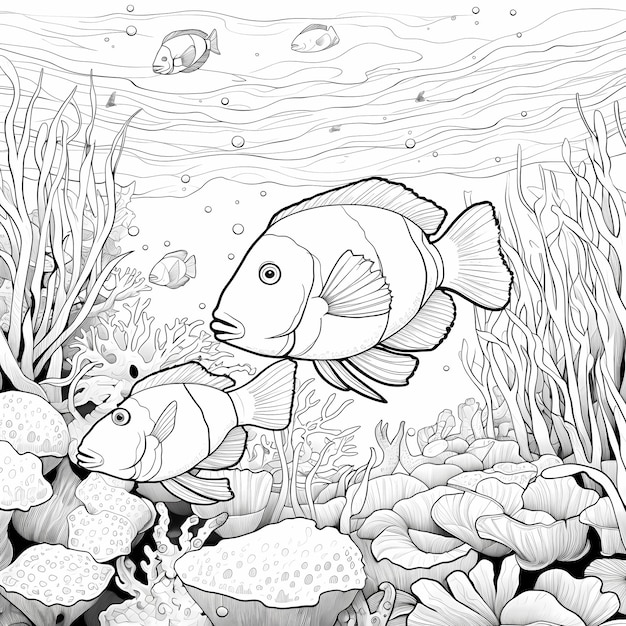 page de coloration pour kidsocean plein de poissons et de crabes de poisson souffle