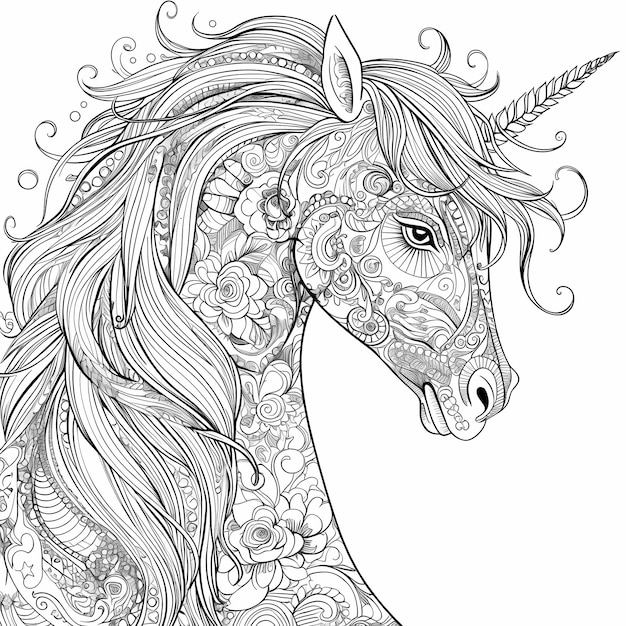 Photo page de coloriage adulte mandala licorne arc-en-ciel avec queue de crinière colorée