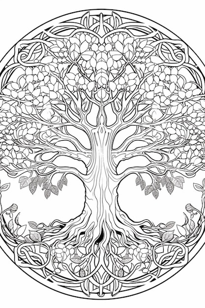 Une page de coloriage avec un arbre de vie dans un cercle ai génératif