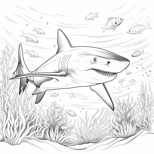 La page de coloriage de l'aventure du requin avec des obstacles et des lignes épaisses