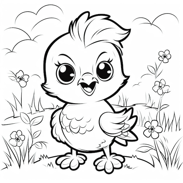 Page de coloriage de bébé oiseau chibi mignon et heureux généré par l'IA