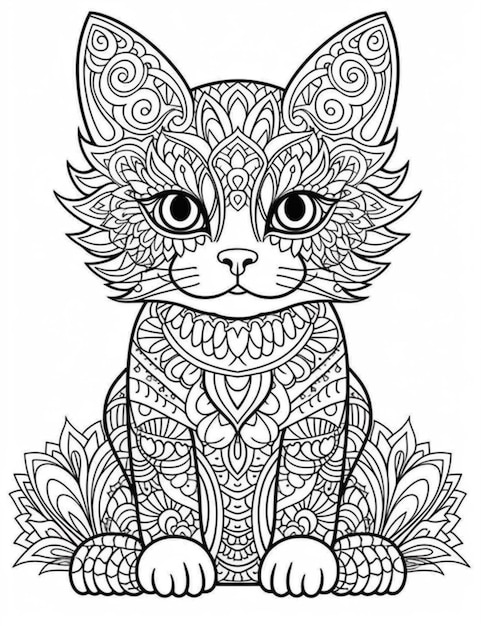 Une page de coloriage avec un chat assis sur le sol générative ai