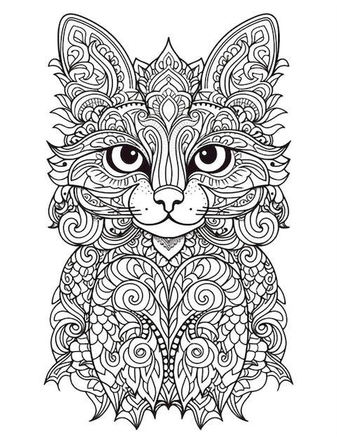 Une page de coloriage avec un chat avec des motifs complexes générative ai
