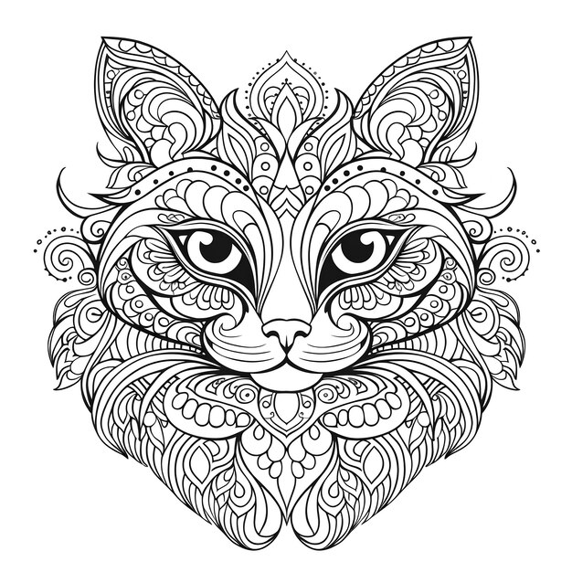 Photo une page de coloriage complexe de tête de chat